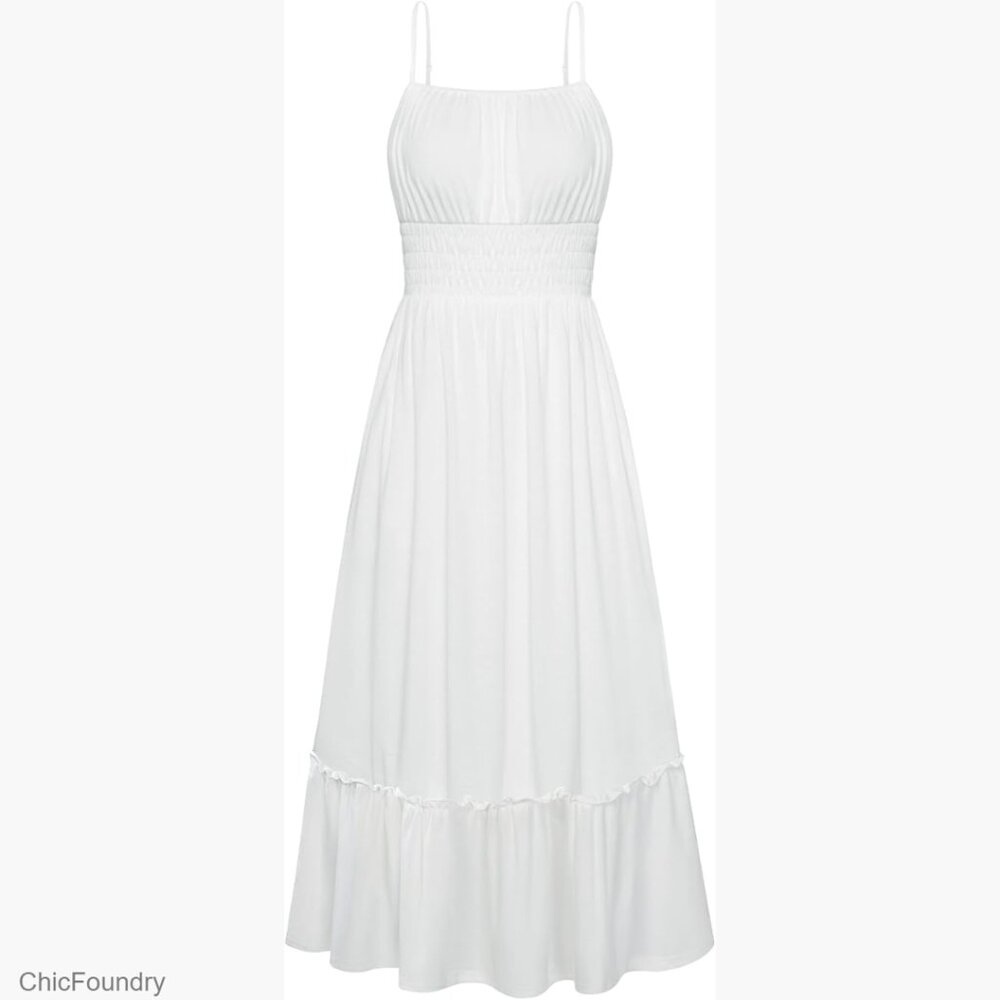White Maxi Dress with Pockets Smocked Waist Spaghetti Strap Boho Beach